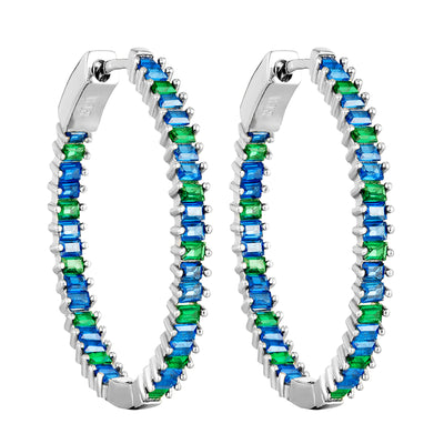 Blue And Green Baguette CZ, 30x30mm Hoop Earrings