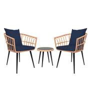 3 Piece Patio Bistro Set with Side Table, Outdoor PE Rattan Conversation Chair Set,Furniture of Coffee Table with Glass Top,Cushions & Lumbar Pillows for Garden,Backyard,Balcony or Poolside(Dark Blue)