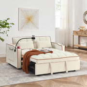 55.51 inch versatile foldable sofa bed in 3 lengths, modern sofa sofa sofa velvet pull-out bed, adjustable back and with USB port and ashtray and swivel phone stand (Beige)