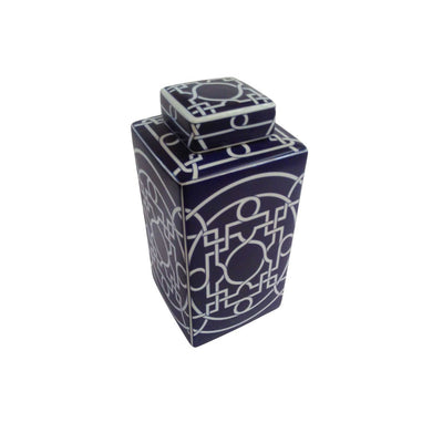 Blue Ceramic Covered Decorative Jar With White Strips