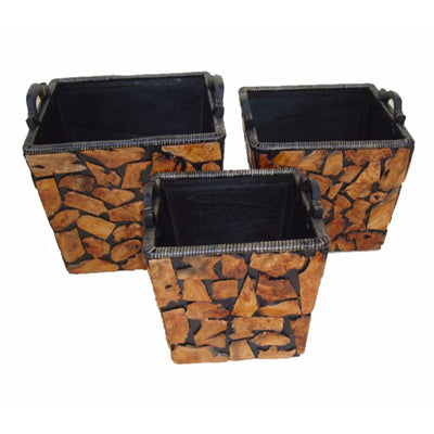 Spacious Set Of Three Wooden Planter, Brown And Black