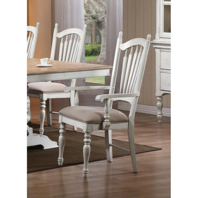 Transitional Wooden Fabric Arm Chair, Antique White, Set of 2