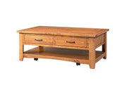 Wooden Coffee Table With Two Drawers, Honey Tobacco Brown