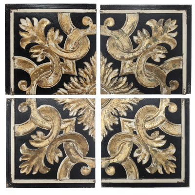 Distressed Fresco Panels With Traditional Motif In Wood, Black & Gold, Set of 4