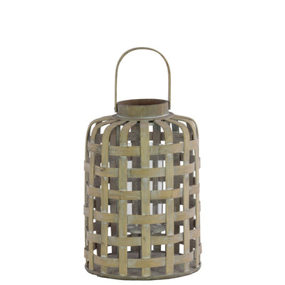 Wood Round Lantern with Lattice Design Body and Handle, Tan Brown