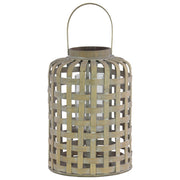 Wood Round Lantern with Lattice Design Body and Handle, Tan Brown