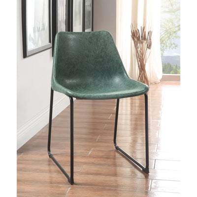 Set of Two Metallic Side Chairs with Leather Upholstered Seat, Vintage Green & Black