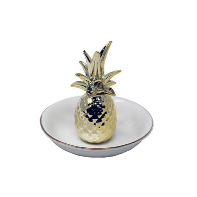 Decorative Ceramic Pineapple Ring Holder with Trinket Tray, White and Gold