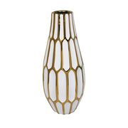 Ceramic Convex Shaped Table Vase with Geometric Bud Design, White and Gold
