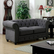 Fabric Traditional Love Seat Accented With Nailhead Details And Button Tuftings, Gray