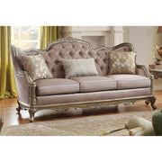 Faux Silk Upholstered 3Seater Sofa With 3 Pillows, Beige And Gold