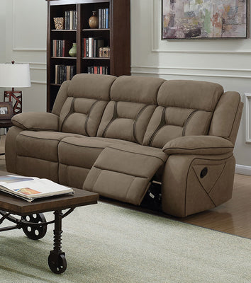 Fabric Upholstered Padded Microfiber Motion Sofa With Contrast Stitching, Brown