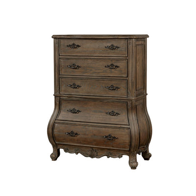 Traditional Solid Wood Five Drawer Chest with Scrolled Feet, Rustic Brown