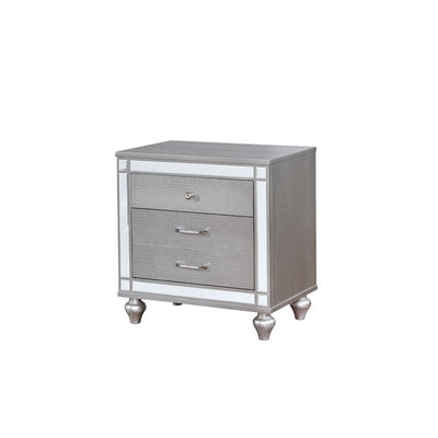 Three Drawer Solid Wood Nightstand with Mirror Accent Trim Front, Silver