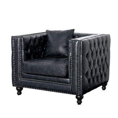 Button Tufted Tuxedo Inspired Leatherette Upholstery Solid Wood Chair with Nail Head Trim, Black