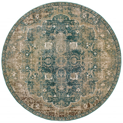 8’ Round Sand and Blue Distressed Indoor Area Rug