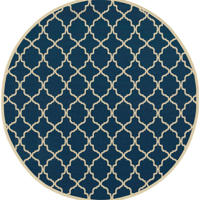 8’ Round Blue and Ivory Trellis Indoor Outdoor Area Rug