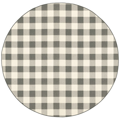 8’ Round Gray and Ivory Gingham Indoor Outdoor Area Rug