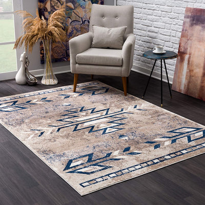 8’ x 11’ Beige and Blue Boho Chic Area Rug