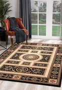 8’ x 11’ Black and Beige Traditional Geometric Area Rug