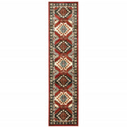 2' X 8' Red Deep Teal Ivory Grey And Green Southwestern Power Loom Stain Resistant Runner Rug