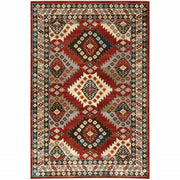 8' X 10' Red Deep Teal Ivory Grey And Green Southwestern Power Loom Stain Resistant Area Rug