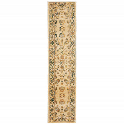 2' X 8' Beige Gold And Teal Oriental Power Loom Stain Resistant Runner Rug