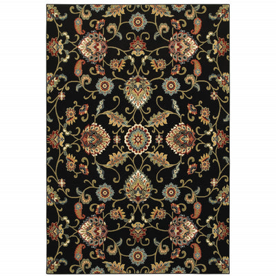 10' X 13' Black Red Green Ivory Salmon And Yellow Floral Power Loom Stain Resistant Area Rug