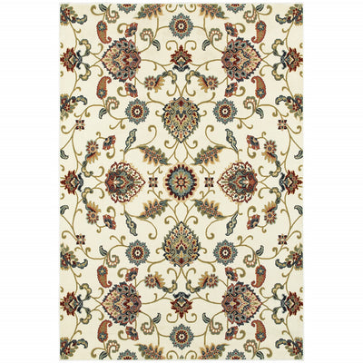 2' X 4' Ivory Green Blue Red Salmon And Yellow Floral Power Loom Stain Resistant Area Rug