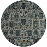 8' Blue And Navy Round Oriental Power Loom Stain Resistant Area Rug
