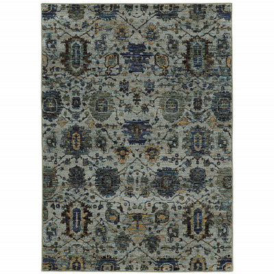 9' X 12' Blue And Navy Oriental Power Loom Stain Resistant Area Rug