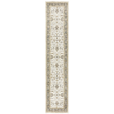 2' X 10' Ivory Grey And Blue Oriental Power Loom Stain Resistant Runner Rug