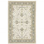 6' X 9' Ivory Grey And Blue Oriental Power Loom Stain Resistant Area Rug