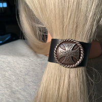 Celtic Cross Concho on Black Leather Hair Tie