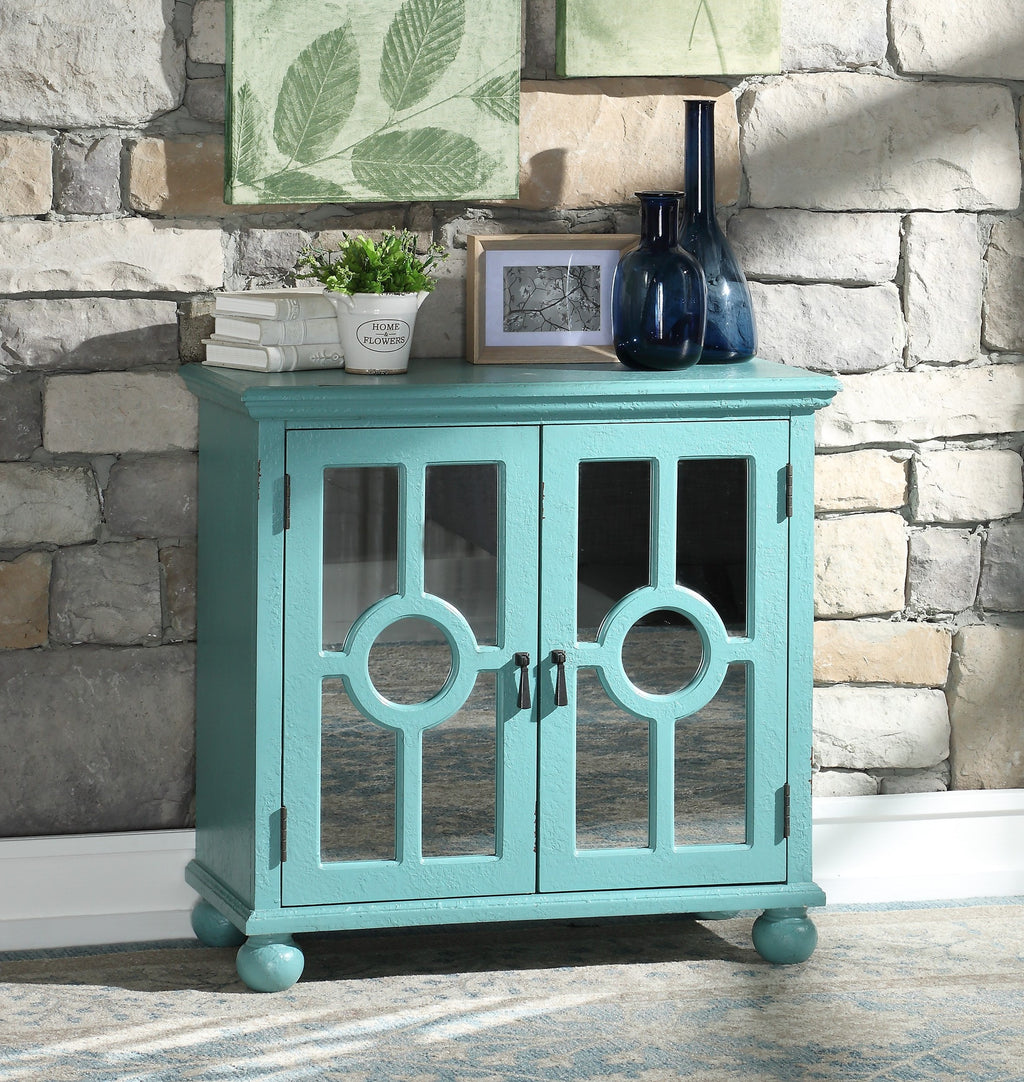 Classic Storage Cabinet 1pc Modern Traditional Accent Chest with Mirror Doors Antique Aqua Finish Pendant Pulls Wooden Furniture Living Room Bedroom
