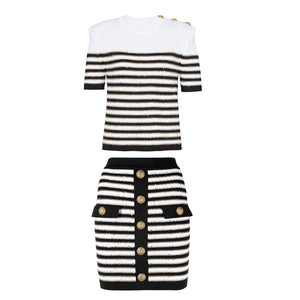 French Stylish Casual Striped Gold Thread Skinny 2PCS Skirt Set