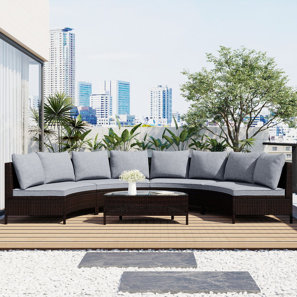 TOPMAX 5 Pieces All-Weather Brown PE Rattan Wicker Sofa Set Outdoor Patio Sectional Furniture Set Half-Moon Sofa Set with Tempered Glass Table, Gray