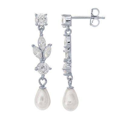 Sterling Silver CZ-Set Pearl Drop Post Earrings