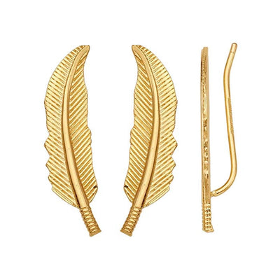 14K Yellow Gold Feather Ear-Climber Earrings