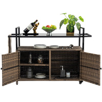 Outdoor Wicker Bar Cart, Patio Wine Serving Cart w/Wheels , Rolling Rattan Beverage Bar Counter Table w/Glass Top for Porch Backyard Garden Poolside Party, Light brown