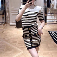 French Stylish Casual Striped Gold Thread Skinny 2PCS Skirt Set