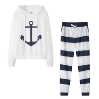 Hooded Drawstring Boat Anchor Top & Striped Pants 2 Piece Set