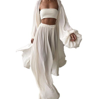 Loose Minimalist 3 Piece Women's Set Wide Leg Pants Lantern Long Sleeves