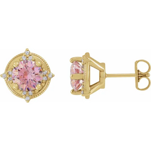 Natural Pink Hue Diamond Semi-Set Halo-Style Stud Earrings 14k Gold