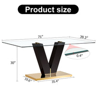 Large Modern Minimalist Rectangular Glass Dining Table for 6-8 with 0.4" Tempered Glass Tabletop and MDF slab V-Shaped Bracket and metal base,For Kitchen Dining Living Meeting Room Banquet Hall F-V