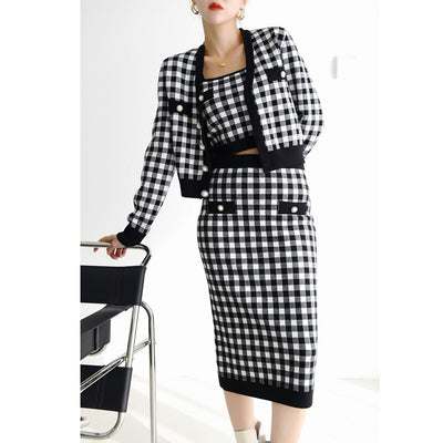3 Piece Wool Blend Checkered Pattern Knit Suit