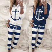 Hooded Drawstring Boat Anchor Top & Striped Pants 2 Piece Set