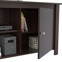 63" Dark Brown Wood And Metal Cabinet Enclosed Storage Mirrored TV Stand