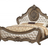 73" X 89" X 76" Pu Vintage Oak Wood Upholstery Queen Bed