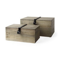 Set Of Two Brown Wooden Boxes With Metal Detailing